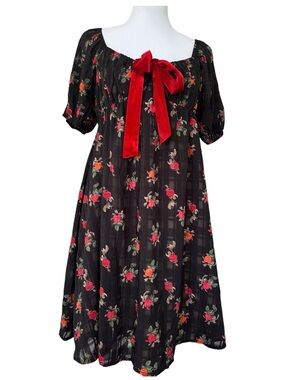 Black Rose Floral Velvet Bow Babydoll Mini Dress